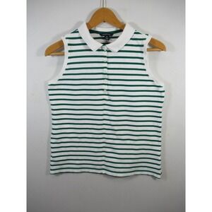 Lands End Sleeveless Polo Shirt Women M Green Stripe Preppy Coastal Nautical